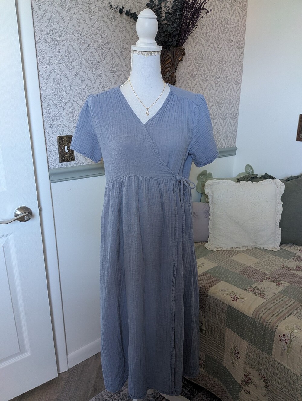 Things Between Cotton Gauze Wrap Midi Dress Dusty Blue M Cottagecore